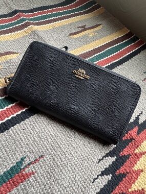 Coach Black Zip-Around Wallet with Gold Logo Hardware